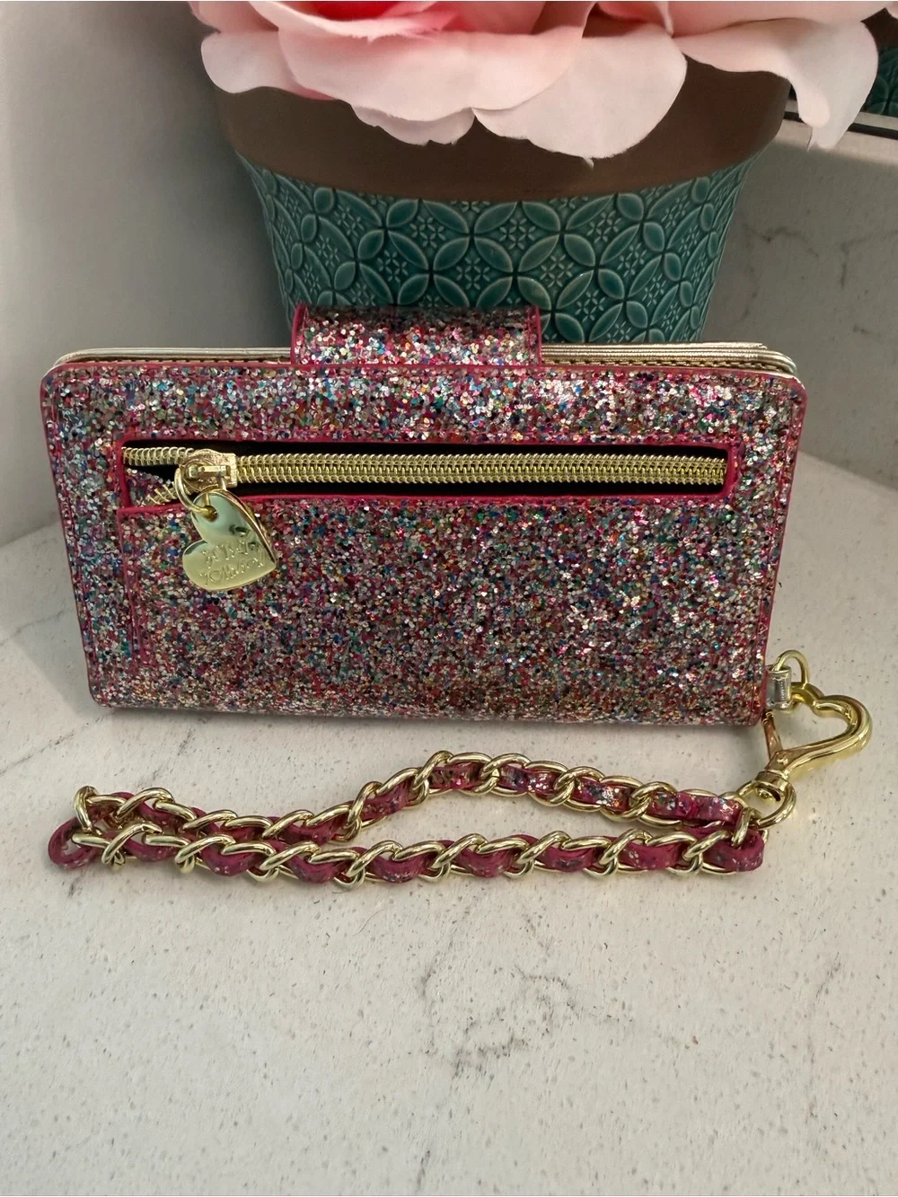 Betsey Johnson Multicolor Glitter Heart Clutch with Gold Chain